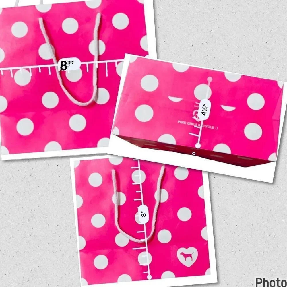 New 5 Victoria's Secret PINK Polka Dots 8”Hx8”Wx4.5”D Paper Gift Shopping Bags